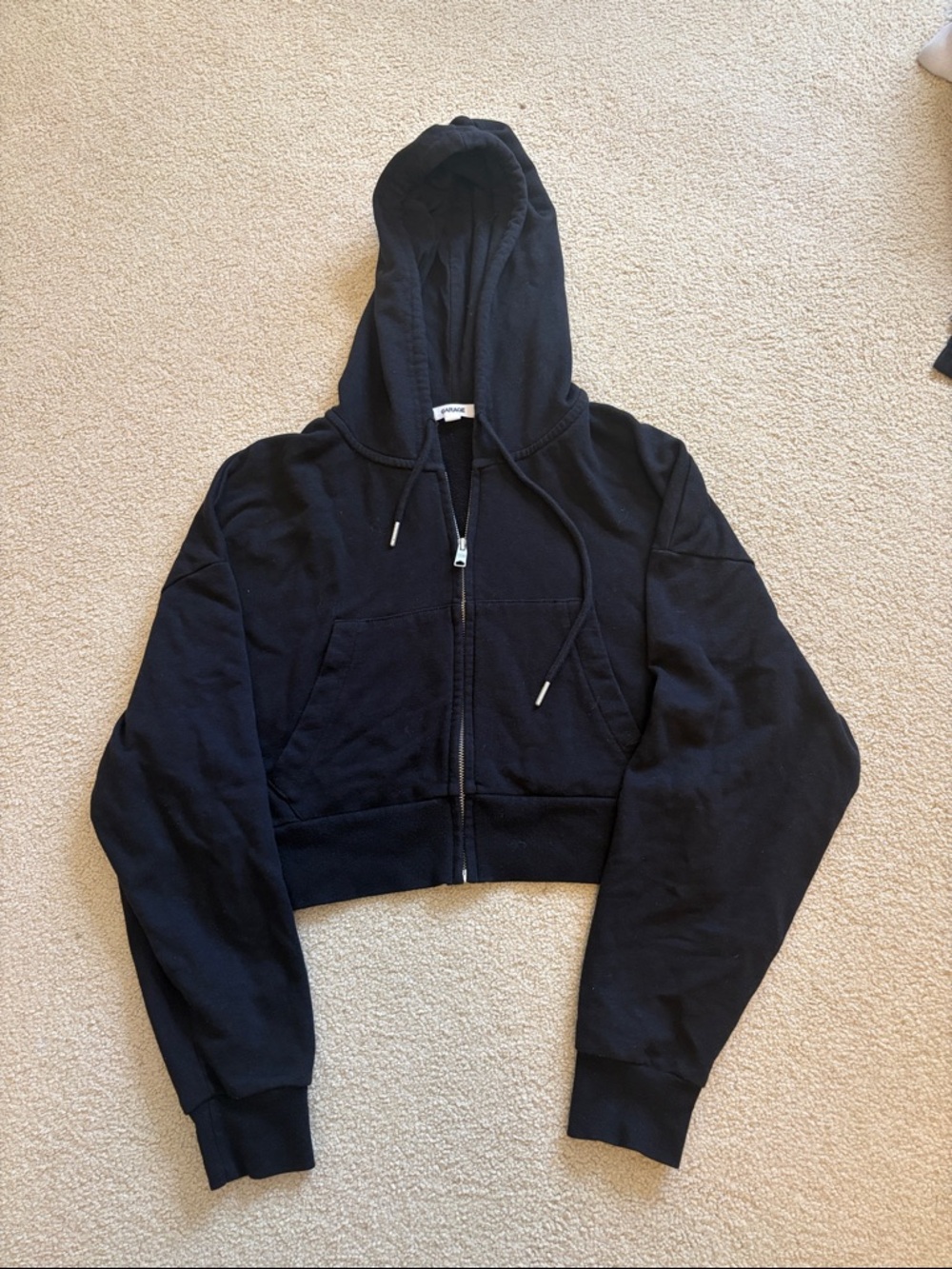 Garage Cropped Black Zip-Up Hoodie with Hood